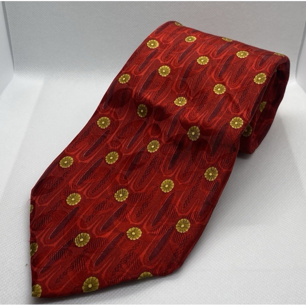 Ermenegildo Zegna Men's 100% Silk Neck Tie Red Gold Flower Medallion Dot Office - Picture 2 of 5